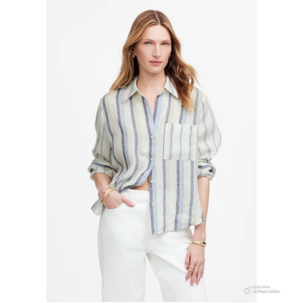Madewell Size Medium Linen Easy Y-Neck Button-Up Shirt in Blue Mixed Stripe NWT